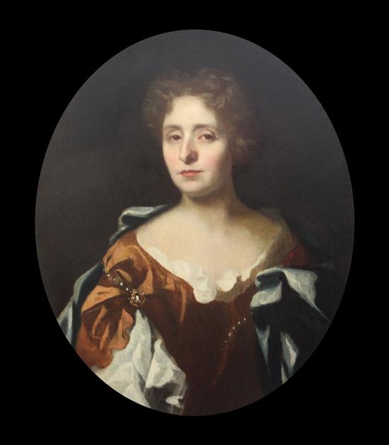 Early 18th century English School Portrait of a lady, by repute a member of the Thompson family, 29 x 23.5in.